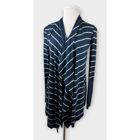 Icebreaker Bliss Wrap Merino Wool Cardigan Navy White Striped Tie Button Medium - Picture 4 of 16